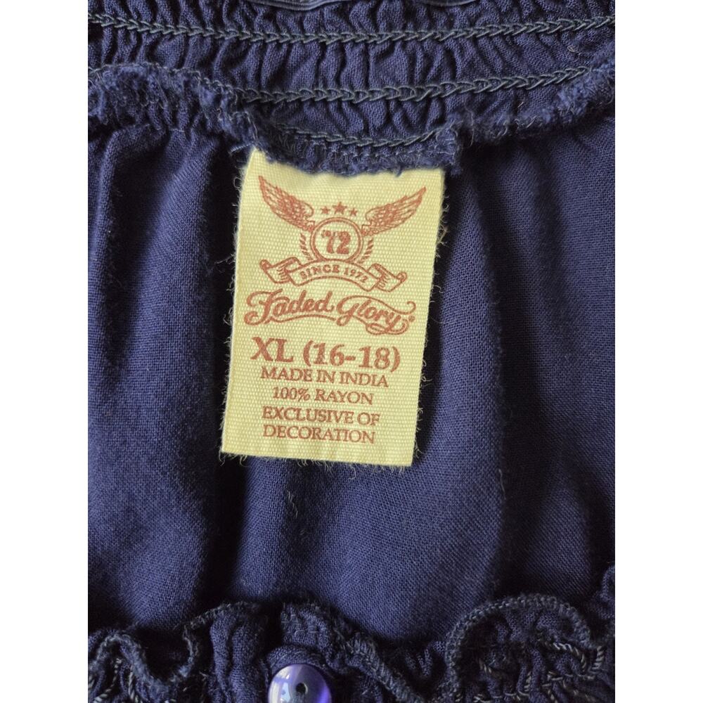 Faded Glory Navy Blue Peasant Blouse Puff Sleeve Rayon Top XL 16-18 Boho - Picture 5 of 8